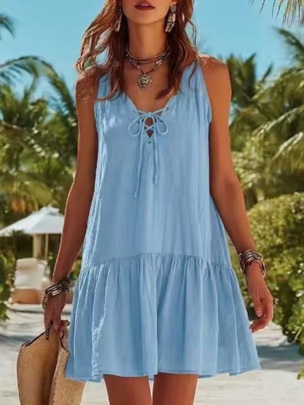 Blue Cotton Linen Sleeveless A-Line Dress | Casual Midi Dress